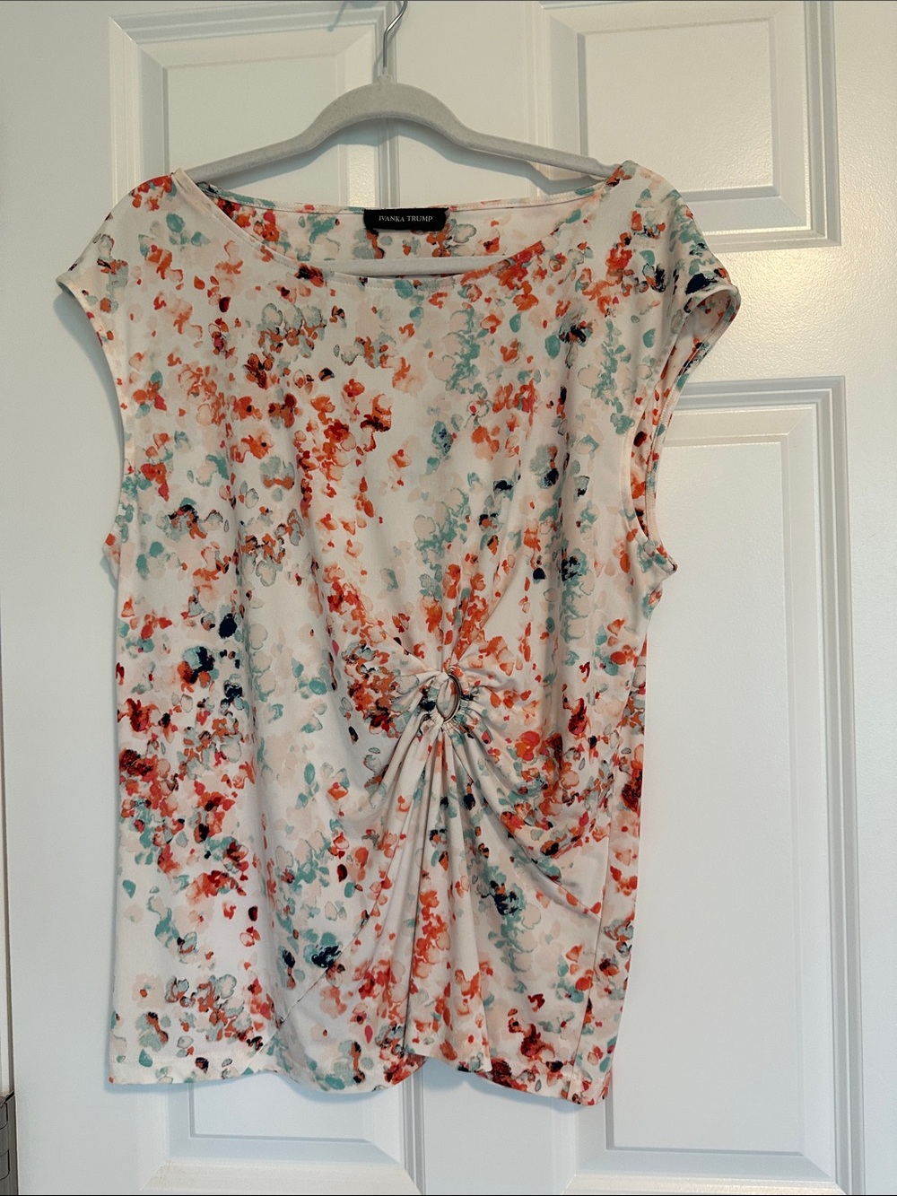 Ivanka Trump White Floral Knot-Front Cap Sleeve Blouse